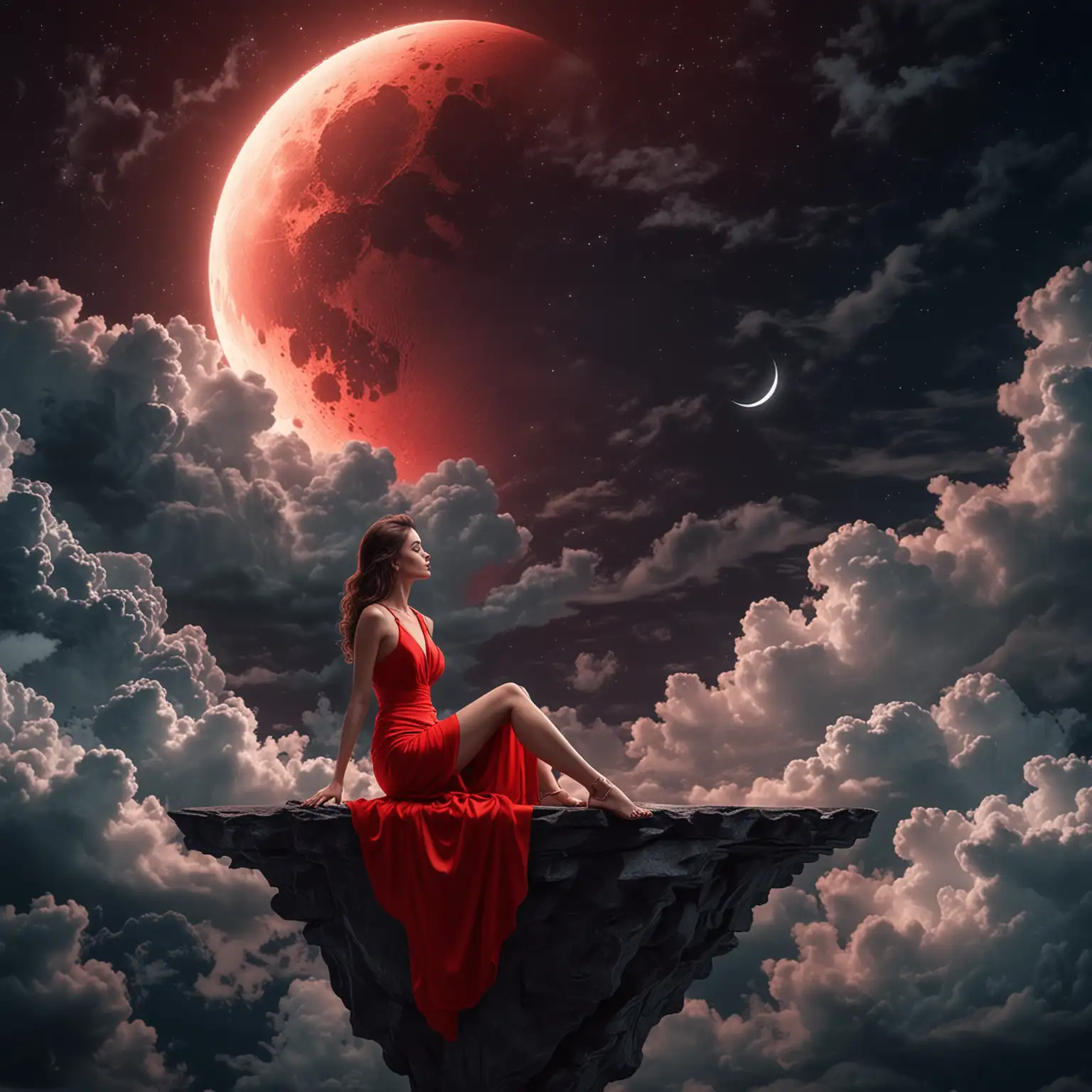 Beautiful Woman in Red Dress Sitting on Half Moon with Dramatic Clouds