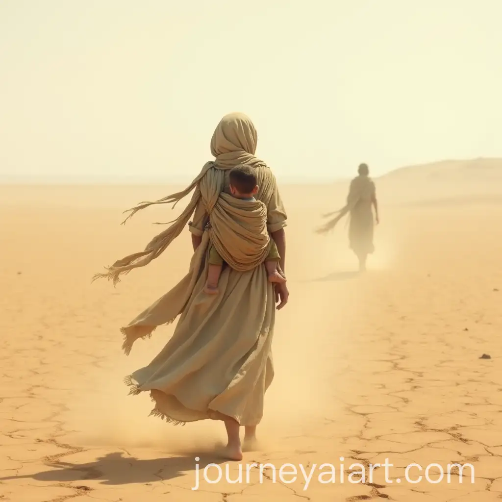 Lone-Woman-Walking-Through-a-Barren-Desert-with-Child