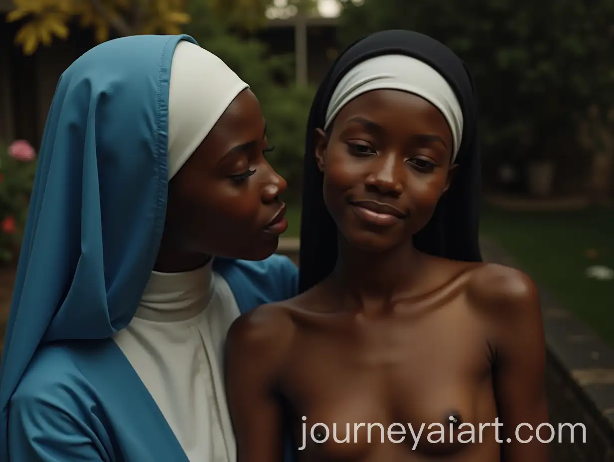 Tender-Moment-Between-African-Girl-and-Nun-in-Garden-with-Soft-Morning-Light