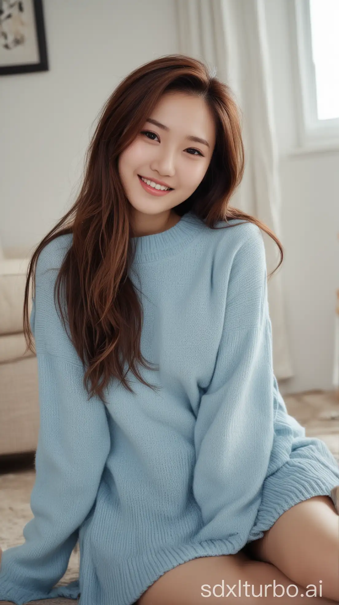 Chinese-Woman-with-Sweet-Smile-in-Winter-Setting-Lying-on-the-Floor