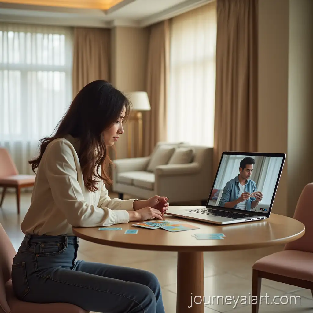 Woman-Interacting-with-a-Man-Via-Laptop-in-a-BrightAI-Image-Prompt-Expansion-Hotel-Room-with-Metaphorical-Cards