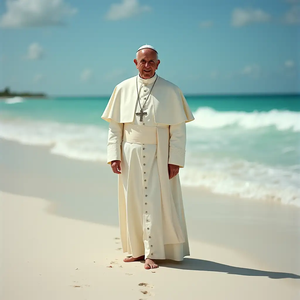 A picture of the Pope in a bathing suit on a palm beach