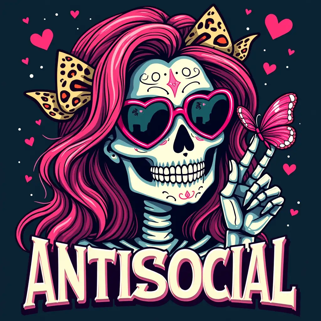 Create a vibrant, sugar skull-inspired graphic featuring a female skeleton with pink hair and a leopard print bow. She should be wearing heart-shaped sunglasses and a butterfly should be perched on her finger. The text 'ANTISOCIAL' should be prominently displayed in bold, contrasting fonts. The overall style should be playful and expressive, with a touch of Day of the Dead inspiration. Incorporate elements like hearts, butterflies, and bright colors to enhance the visual appeal.