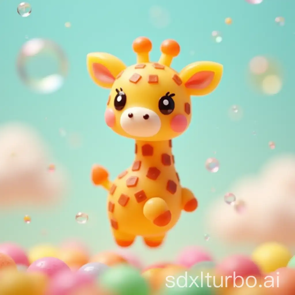 Cute-Baby-Giraffe-Made-of-Gummy-Candy-Floating-in-the-Sky-Surrounded-by-Bubbles