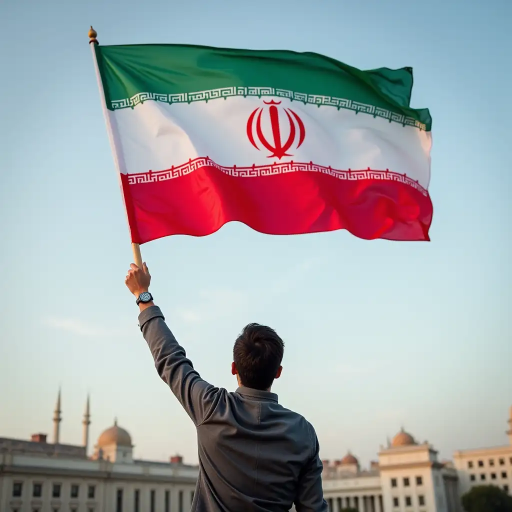 Young-Iranian-Man-Raising-the-Flag-of-Iran-in-FullLength-Photo