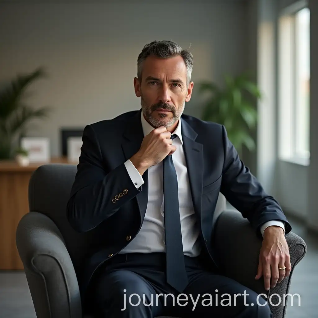 Confident-and-Thoughtful-Man-in-Elegant-Suit-Seated-in-Minimalist-Office