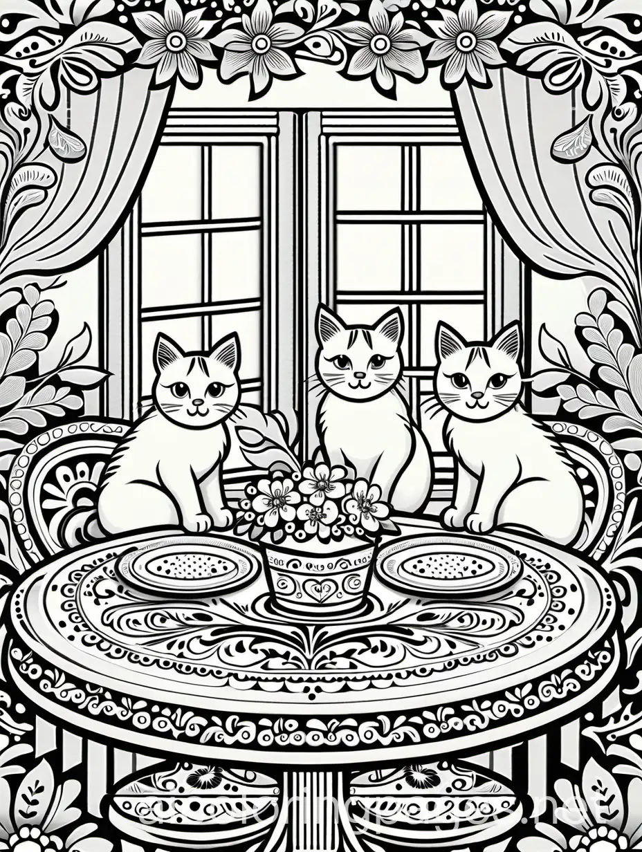 Three-Cats-Painting-in-Mexican-Style-Christmas-Kitchen-Coloring-Page