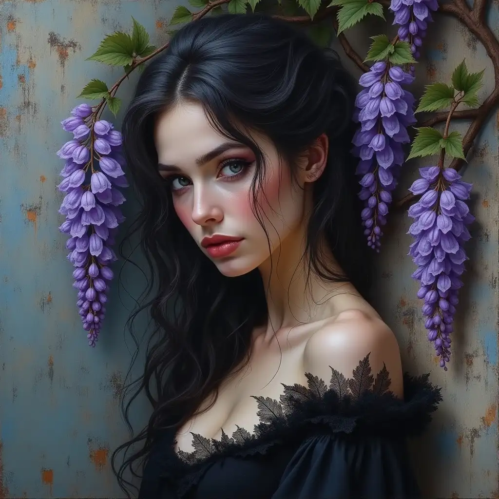 Using acrylic and oil paints in dark but harmonious colors, create a sad, grunge beautiful European woman with naughty hair, perfect face, makeup, pensive, leaning against the wall. Textured background with wisteria growing on a dead wall