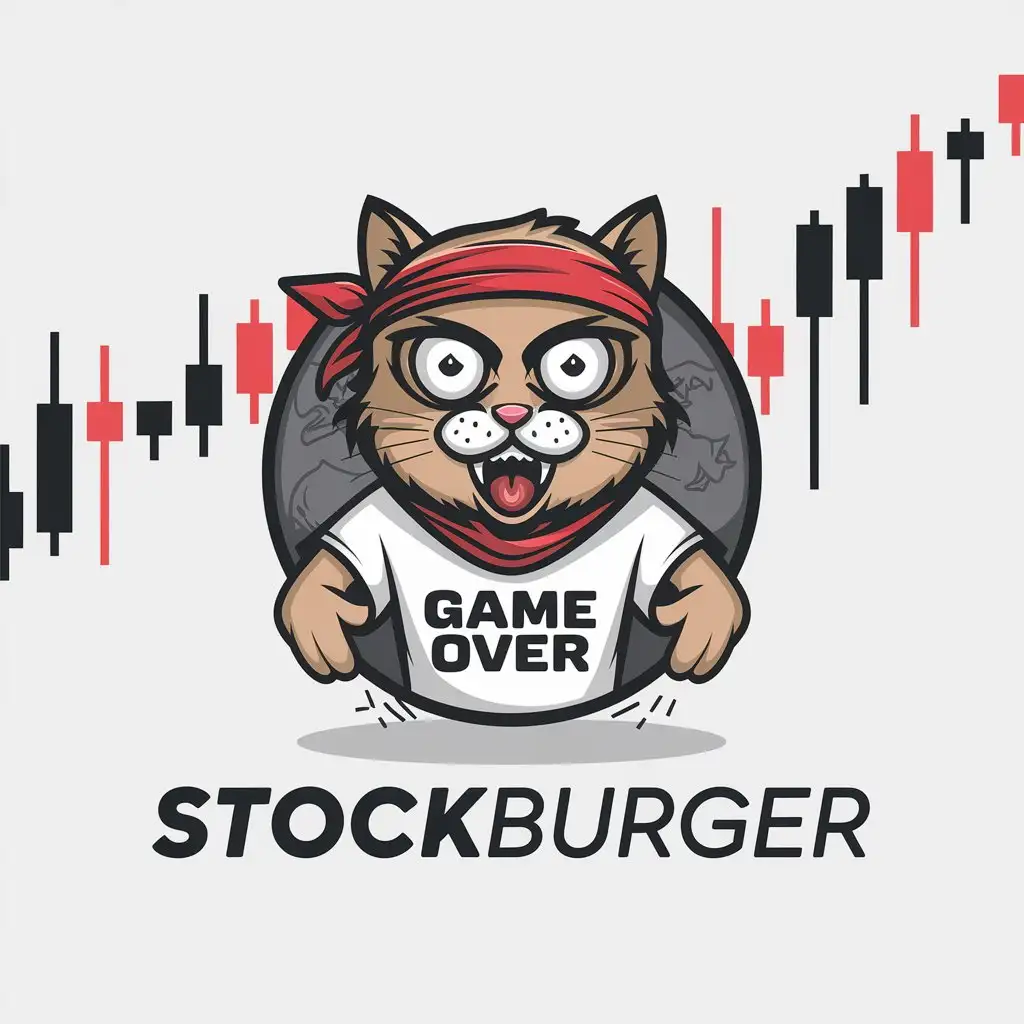 LOGO Design for StockBurger Surprised Cat with Red Bandana Game Over TShirt in Trading Candles Background