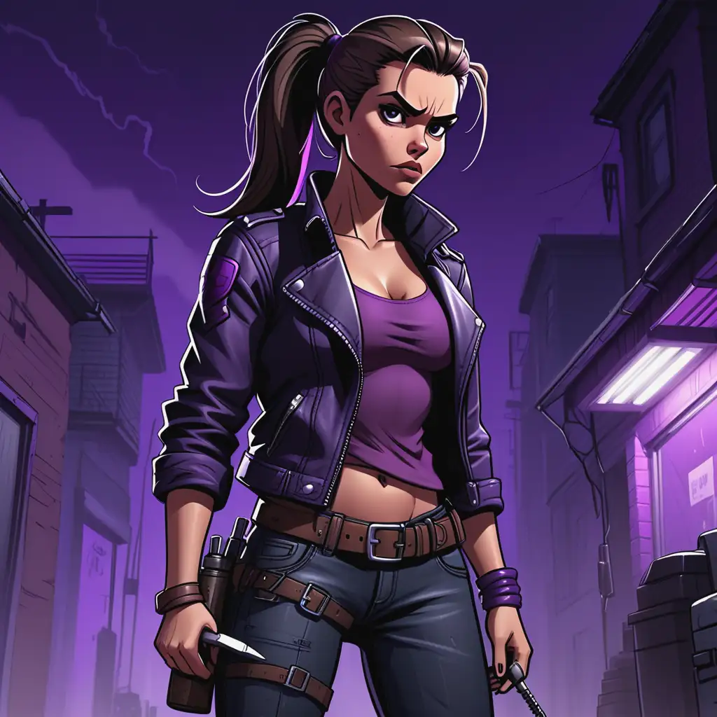 Determined-Detective-Woman-in-Dark-Jeans-and-Leather-Jacket-Investigating-at-Night