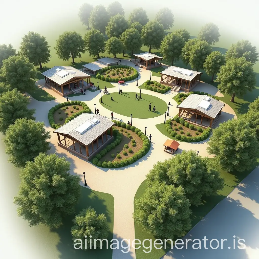 generate me an image of the zoning of a space for the elderly on a flat lot of 3000 m². The space should have the character of a park, with broad green areas, accessible paths, shade trees, and several covered areas distributed throughout the site. Include: welcome/reception zone, covered social hall, covered dining room, walking paths with rest stops, area for gentle exercise, sensory garden, quiet reading area, space for basic medical care, and accessible bathrooms. Incorporate elements of inspiration in the form of a swan, without being exact but serving as a guide. The design should convey tranquility, accessibility, and contact with nature