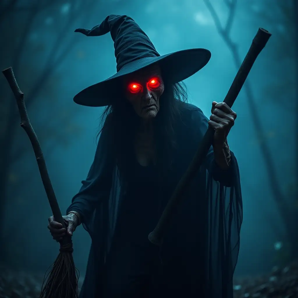 Spooky Old Witch With Hat besom,axe,red lights,blue fog Sinister Woman Evil