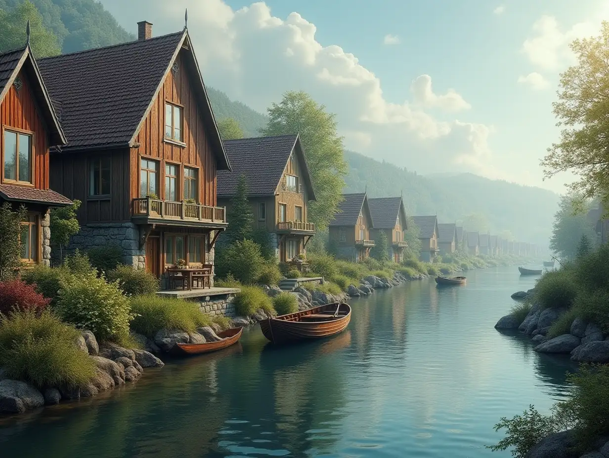 Dreamlike houses next to a river with fishing nets and a small boat.