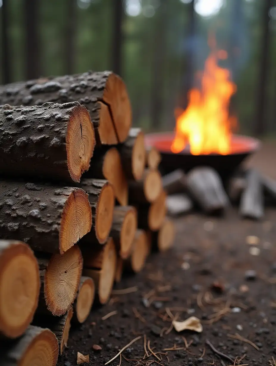 Closeup-of-Stacked-Wedge-Cut-Firewood-with-Glowing-Fire-Pit-in-Background