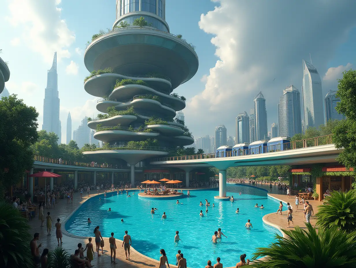 Create a high-resolution, realistic panorama image of a futuristic tower in a big city with UBahn with shopping mall with bridge, one and a pool full of swimming people, many plants and cloudy sky