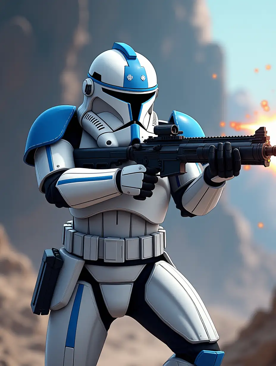 Clone trooper in white with shades of blue armor Phase I Captain Rex fires his rifle, Star Wars, Coruscant, cartoon illustration style, 8K, POV