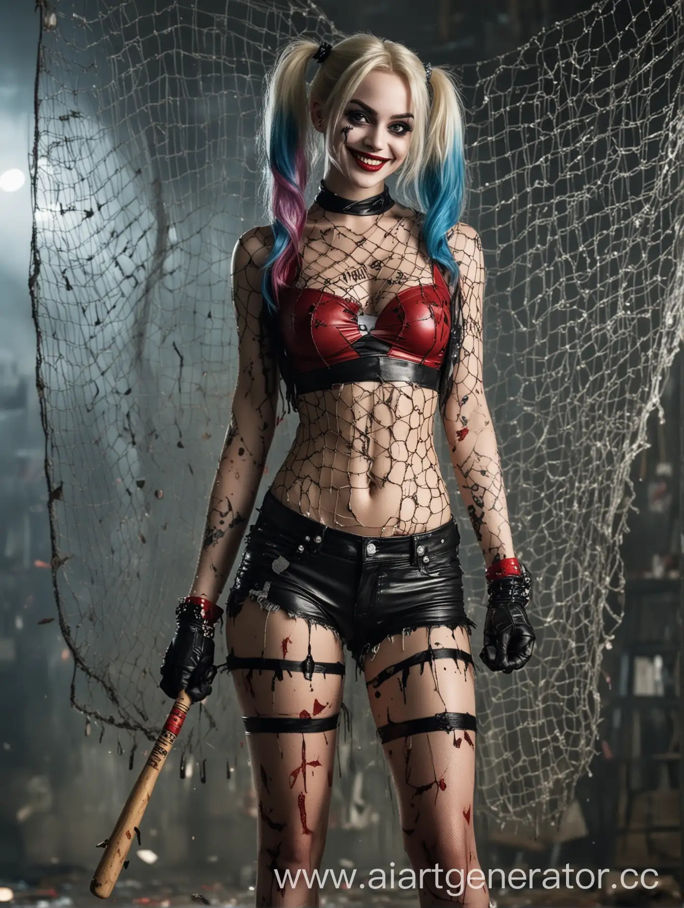 Harley-Quinn-Smiling-in-Shorts-with-Ripped-Tights-and-Broken-Bat