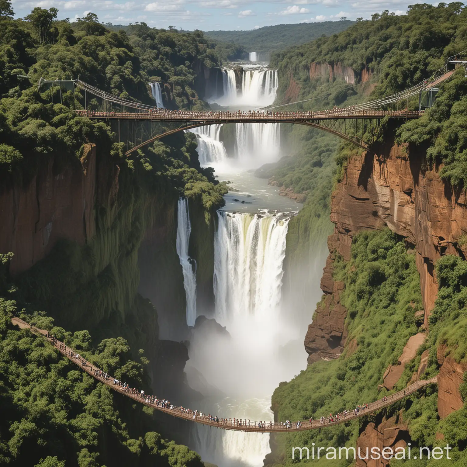 Tourists Admiring the Majestic Iguazu Falls from a Scenic Suspension Bridge