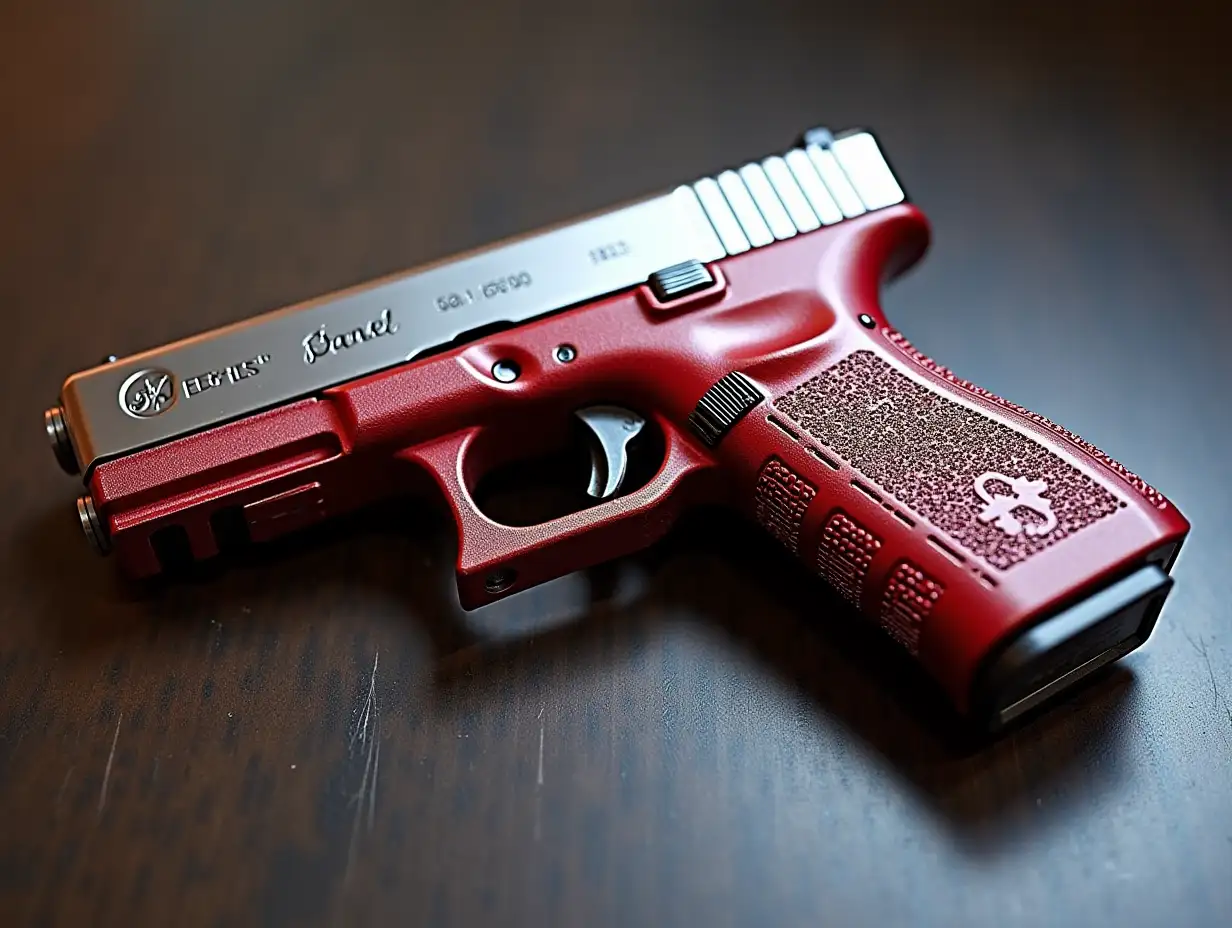 Create a chrome and red Glock pistol with name S.Daniel
