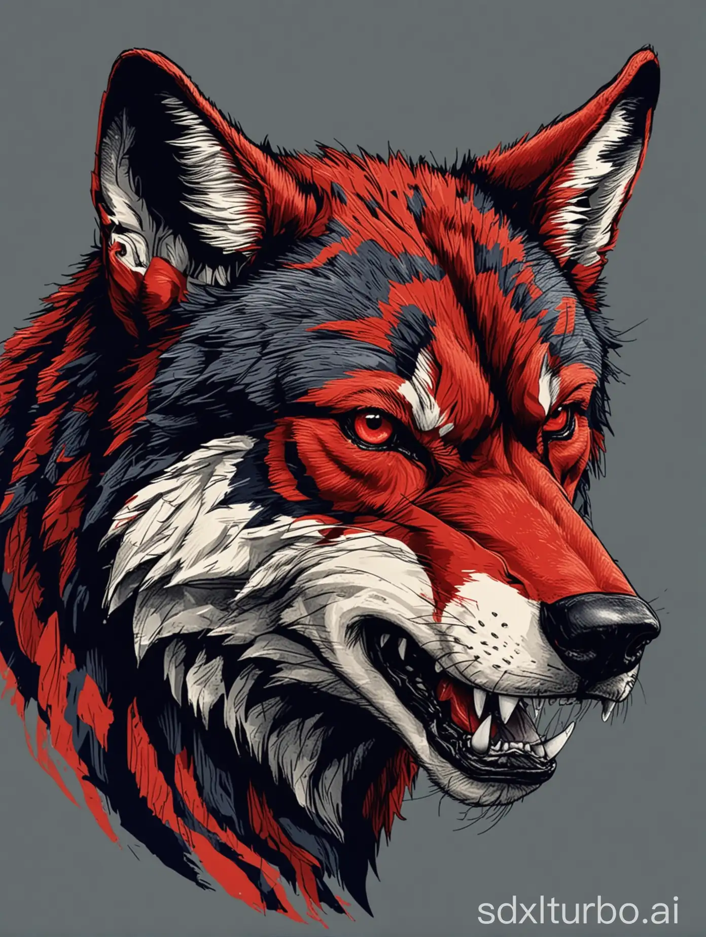 Red Wolf, brandmark, high contrast, intense, profile view, angry, snarling, headshot, thick bold navy lines, sports graphic, power, crimson red, isolated, solid white background --stylize 350 --v 6