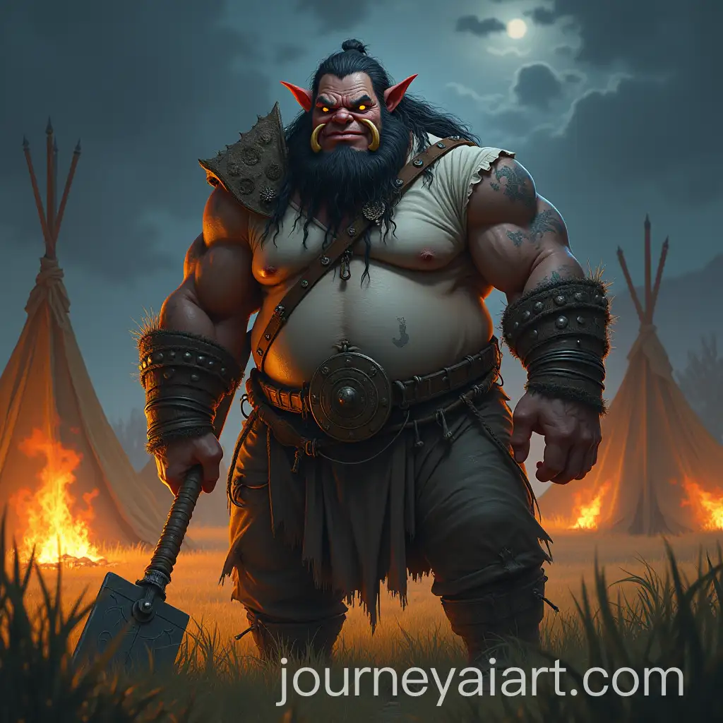 Jovial-Orc-Warrior-with-War-Club-in-a-Medieval-Grassland-at-Night