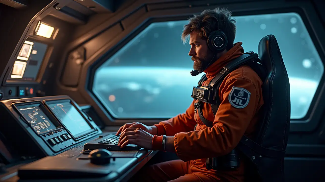 an side view of the interior of a futuristic spaceship, the control desk is seated a human astronaught in a space suit nicknamed jackpot which is written on a patch on his arm, he is a rough rougue hero in the style of han solo, a dramatic view of space through the window