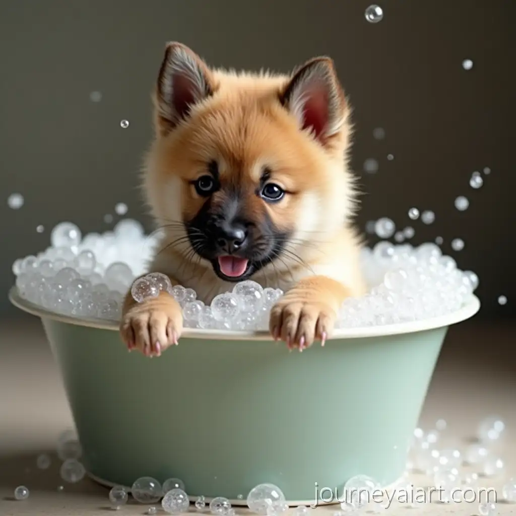 American-Akita-Puppy-Bathing-in-Ceramic-Bath-with-Bubbles
