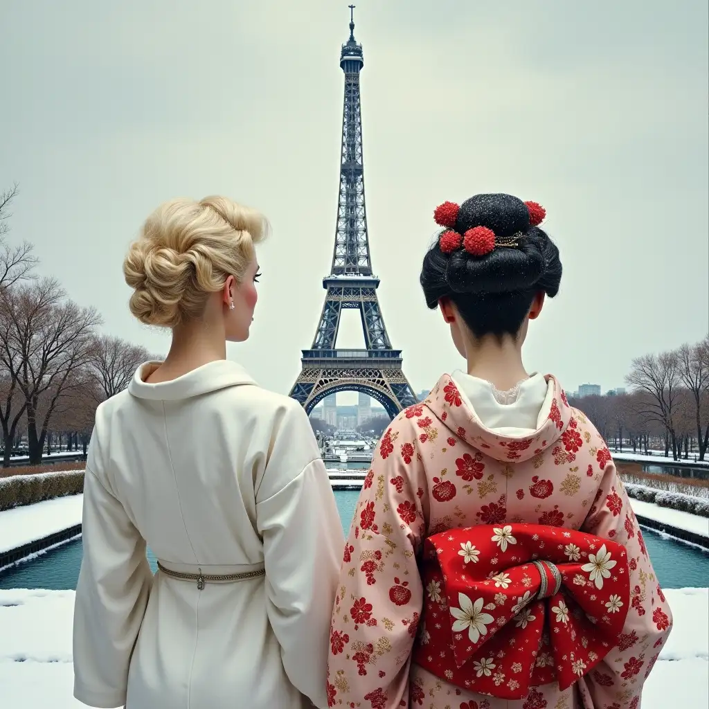 Marilyn-Monroe-and-Japanese-Geisha-Contemplating-Eiffel-Tower-in-Snowy-Winter