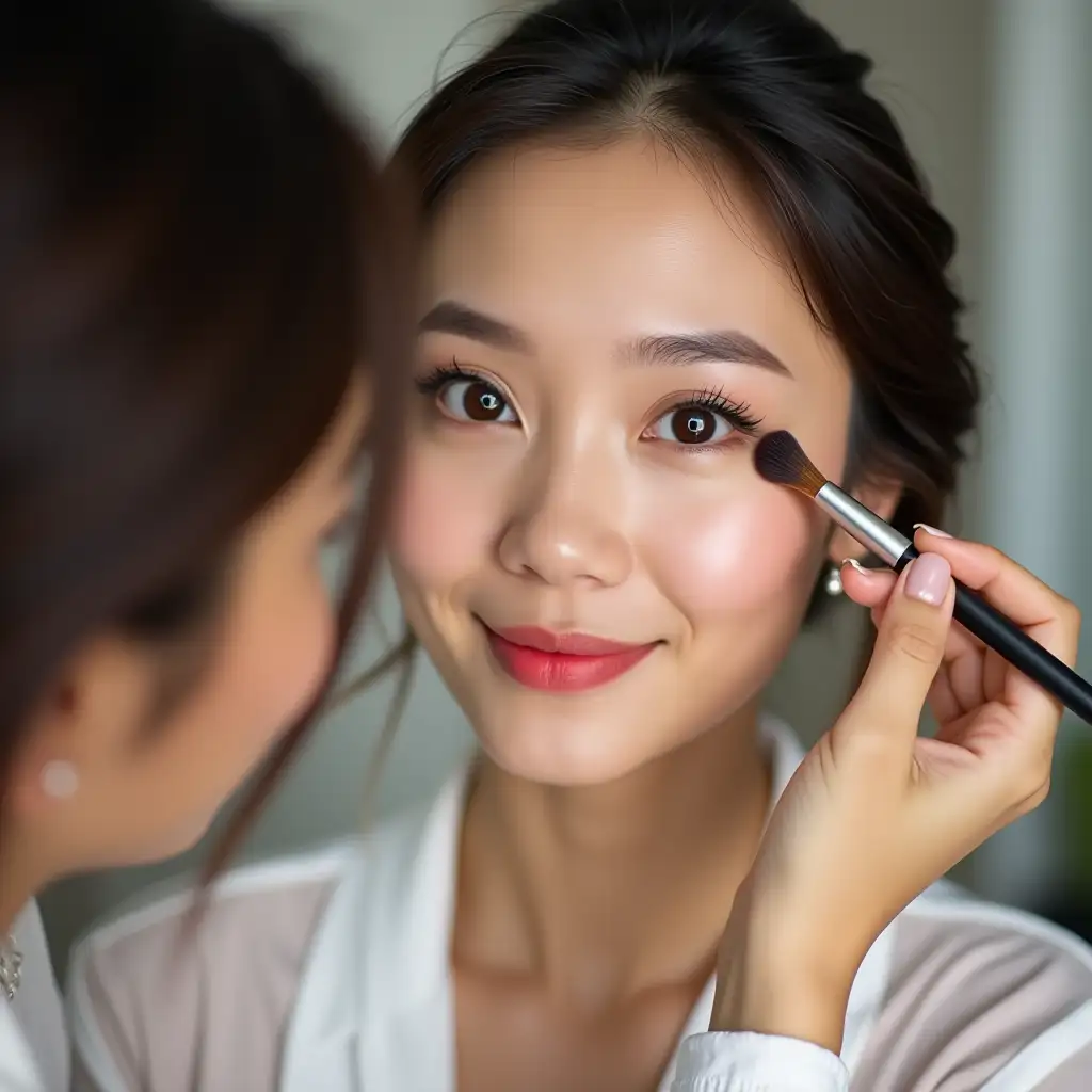 A beautiful Taiwanese lady is doing her makeup.