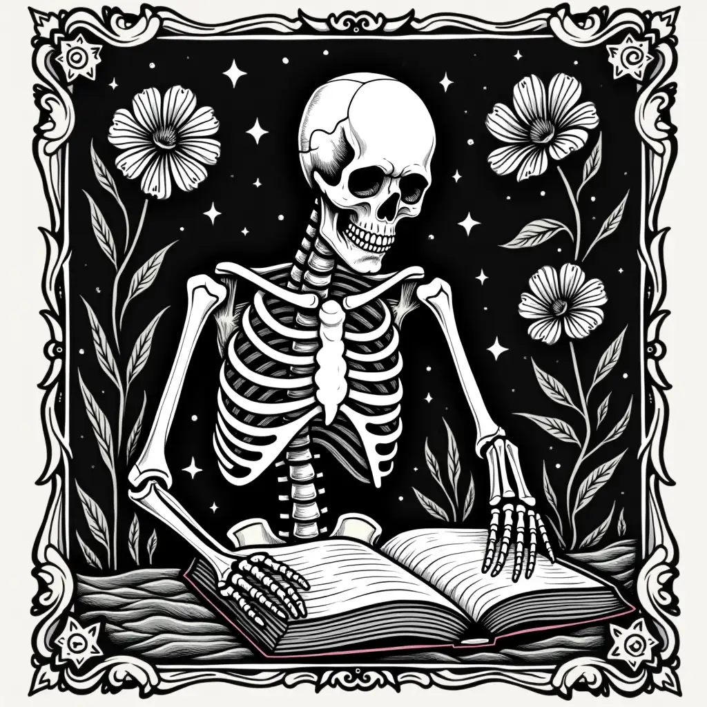 Elegant Skeleton Reading a Book Amidst Ornate Flowers in TarotInspired Linocut Style