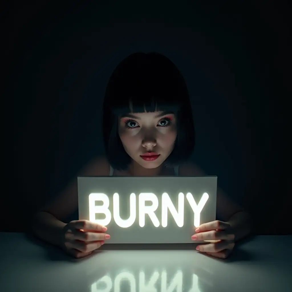 A mysterious  young woman stares intently at the viewer with a serene expression on her face with a glamorous black bob stands illuminated against an all-encompassing darkness, holding a glowing sign that reads “BURNY.” Her captivating lips and enigmatic eyes draw attention, while the stark white floor contrasts with the shadowy background, enhancing her striking presence.