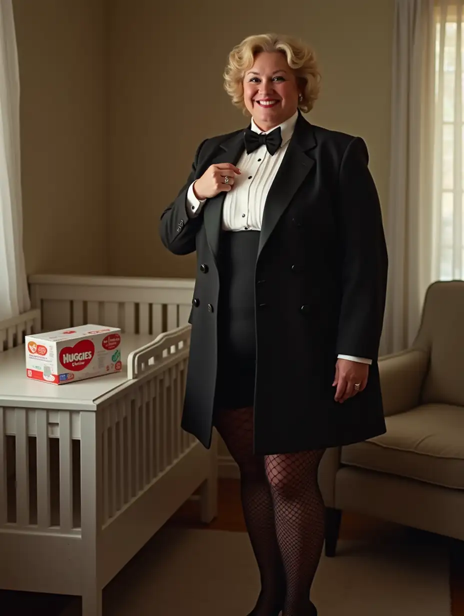 Plump-Caucasian-Woman-in-1980s-Style-Formal-Orchestra-Tuxedo-by-Changing-Table-with-Huggies-Diapers