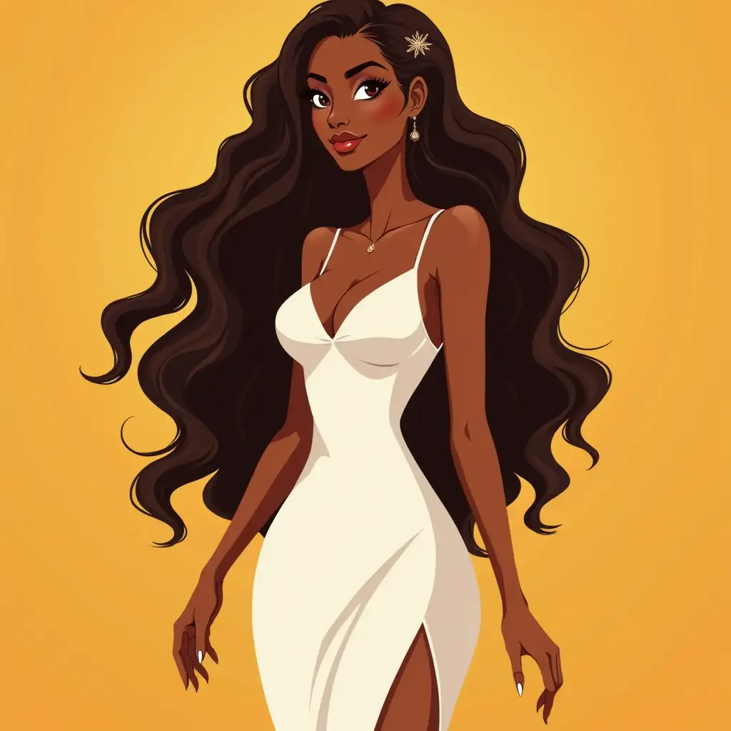 Am a caramel goddess golden black woman with stunning curves and lush long but length hair and flawless skin at dawn full body in white dress real image not cartoon