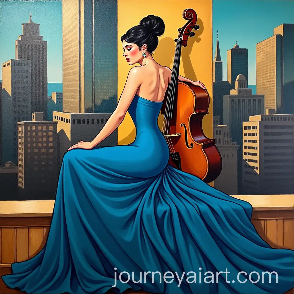 Art-Deco-Woman-in-Blue-Gown-Seated-with-String-Instrument-Against-Urban-Skyline