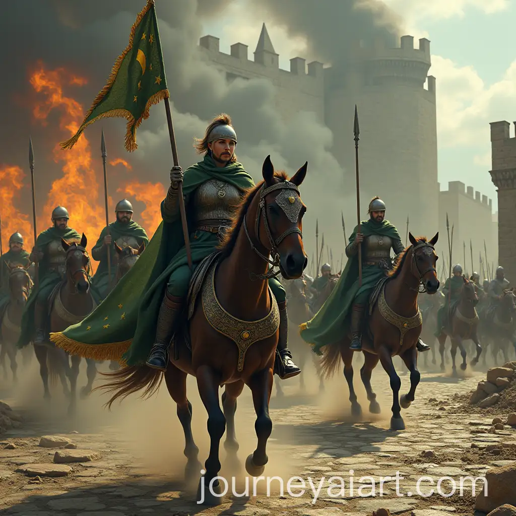 Female-WarriorCommander-and-Her-Troops-Charging-Through-a-Ruined-Medieval-Fortress