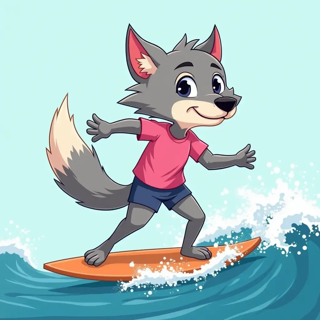 generate a cartoonish female wolf surfing on a wavy sea and wearing pink shirt