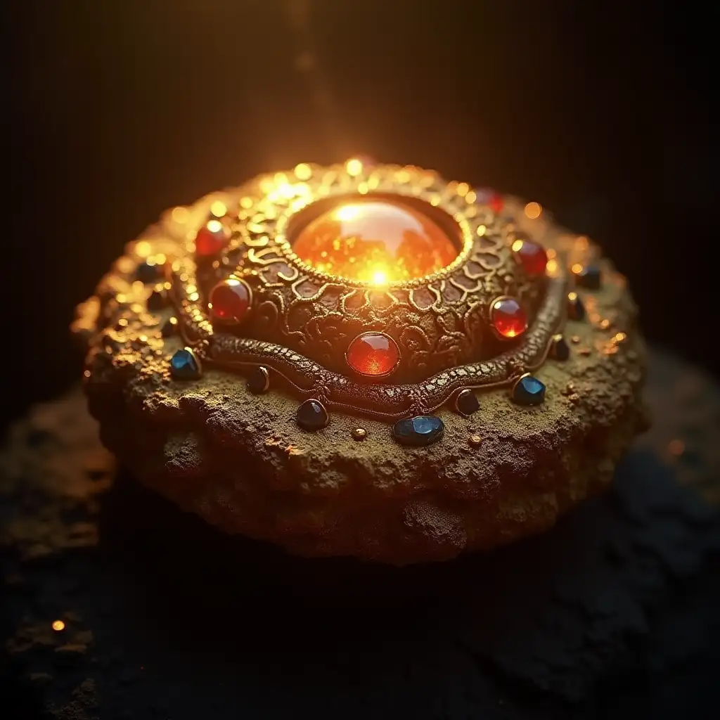 Close-up picture of an ancient relic from a distant galaxy, made of gold and beautiful stones. High Quality, fine detail, photorealistic. Warm light, intense atmosphere.