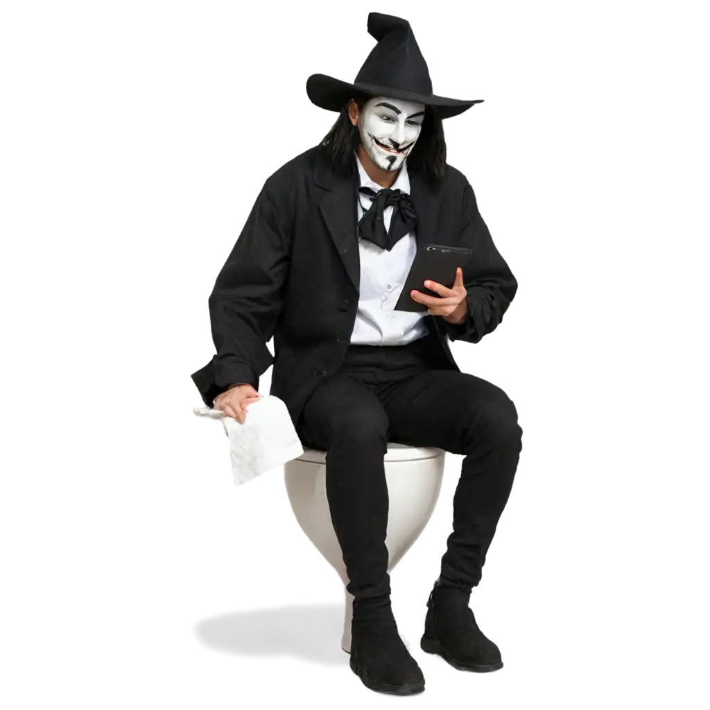 guy fawkes sitting on a toilet reading from an iPhone