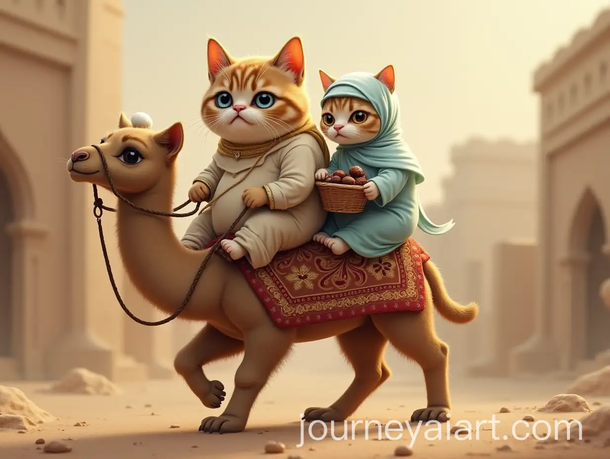 Chubby-Male-and-Slender-Female-Cats-on-a-Majestic-Camel-in-Traditional-Desert-Setting
