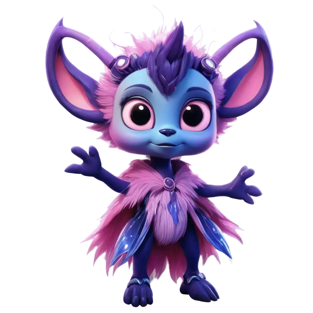 A futuristic, adorable alien creature in a digital world. The creature has big, sparkling eyes full of curiosity, soft fur with bioluminescent patterns that glow gently, and a playful expression. It has a mix of animal features, like floppy ears, a fluffy tail, and small, cute antennae. The environment is a neon-lit cyber city with holographic signs, floating platforms, and a digital grid beneath its feet. The colors are vibrant, with shades of blue, purple, and pink, giving a dreamy, futuristic aesthetic. The creature appears friendly, looking directly at the viewer as if inviting them into its world