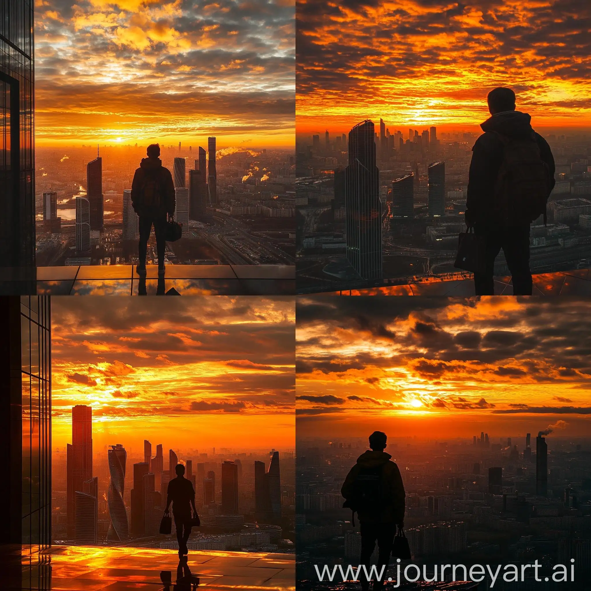 Vibrant-Sunset-Sky-over-Moscow-City-with-Silhouette-of-Young-Traveler