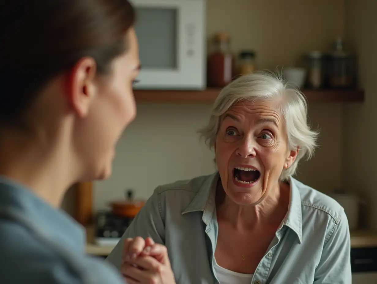 Close-up of an elderly angry woman yelling at a young woman in the kitchen, threatening her with her fist, realism, detailing