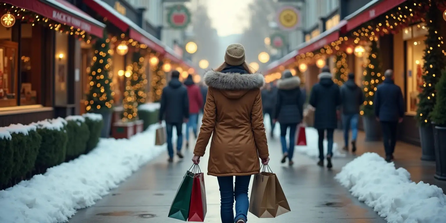 Woman Shopping in Snowy Christmas Decorated Area