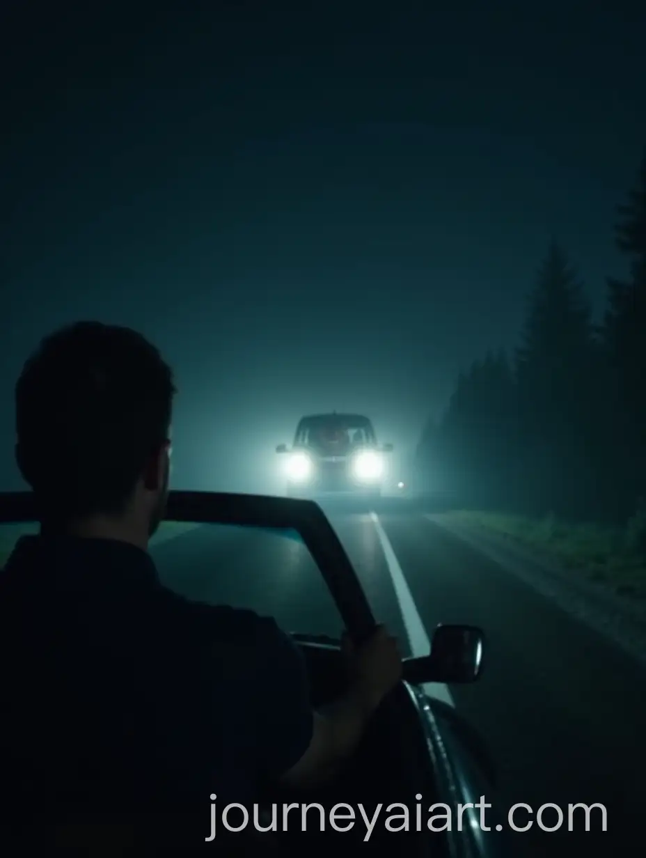 Man-Driving-on-Foggy-Road-at-Night-with-Shadowy-Figure-in-Backseat