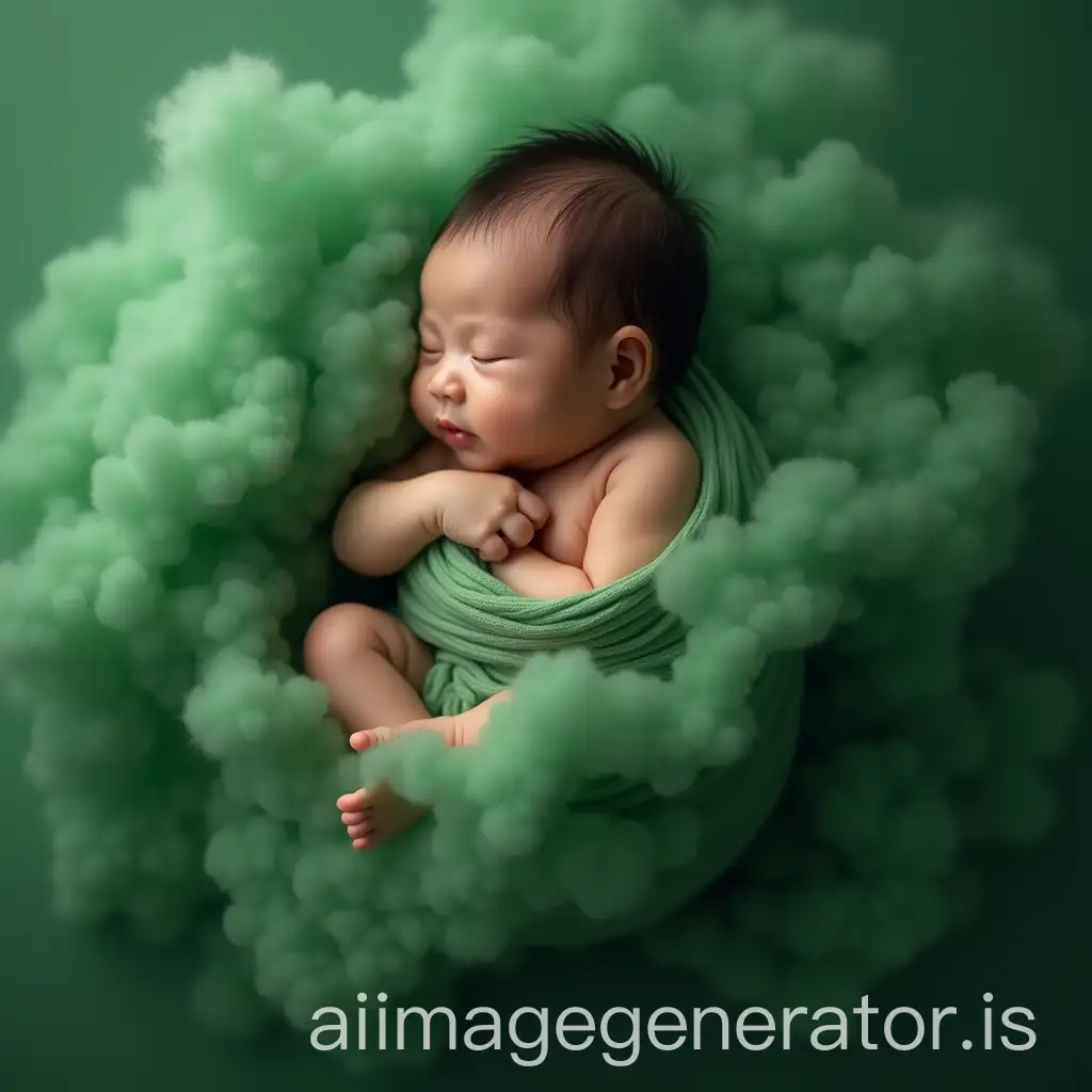 photo realistic, high resolution image, asian newborn baby curled up like in the womb surrounded by realistic green smoke