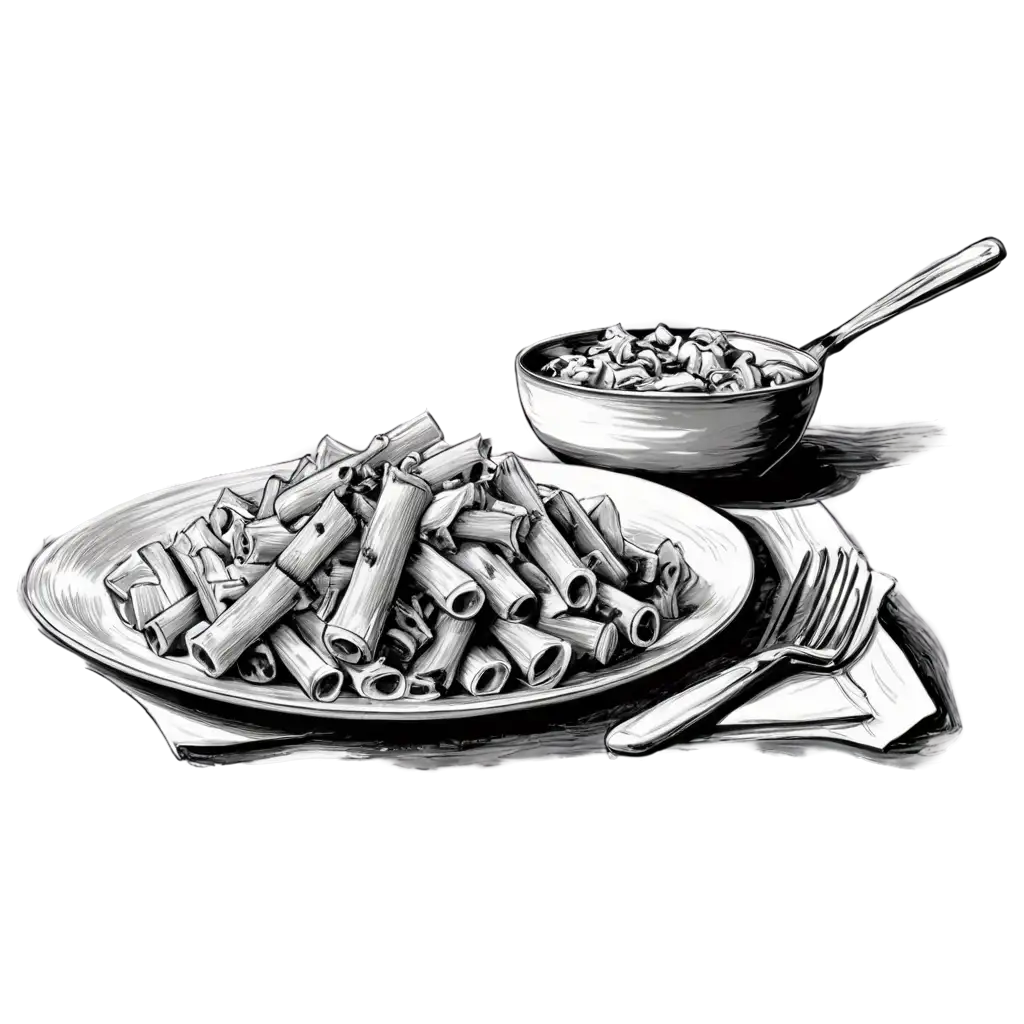 Black-and-White-Drawing-of-Rigatoni-Carbonara-in-a-Home-Kitchen-PNG-Image-for-Food-Art-and-Culinary-Designs