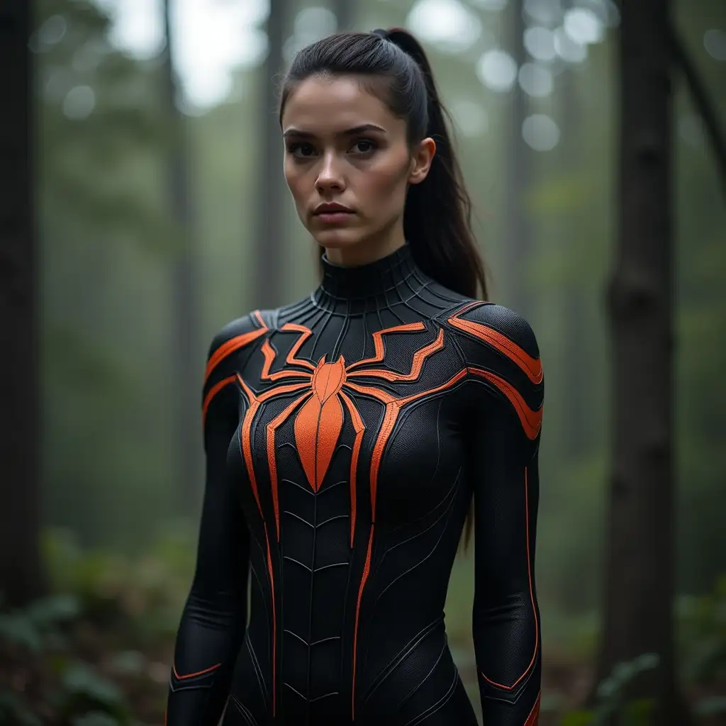 Woman-in-Black-and-Orange-SpiderMan-Suit-with-Web-Design-Standing-on-Tower-Edge