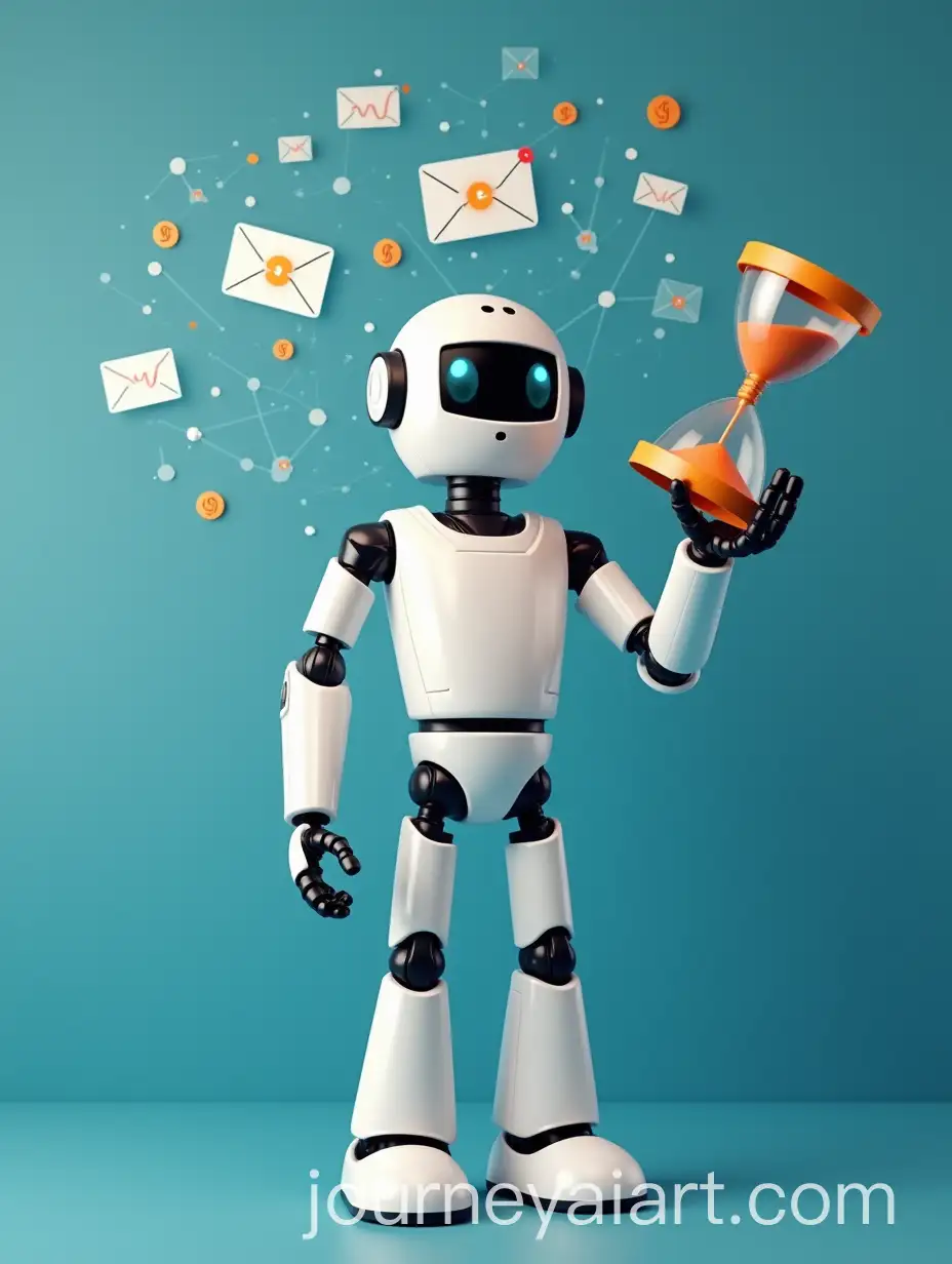 Robot-Holding-an-Hourglass-Surrounded-by-Automation-Icons-Email-Advertisements-CRM
