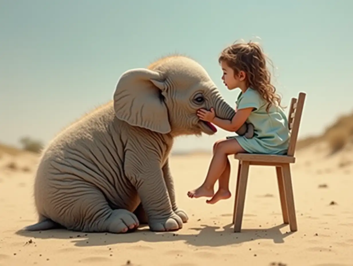 Little-Girl-Hugging-Baby-Elephant-on-Sandy-Beach