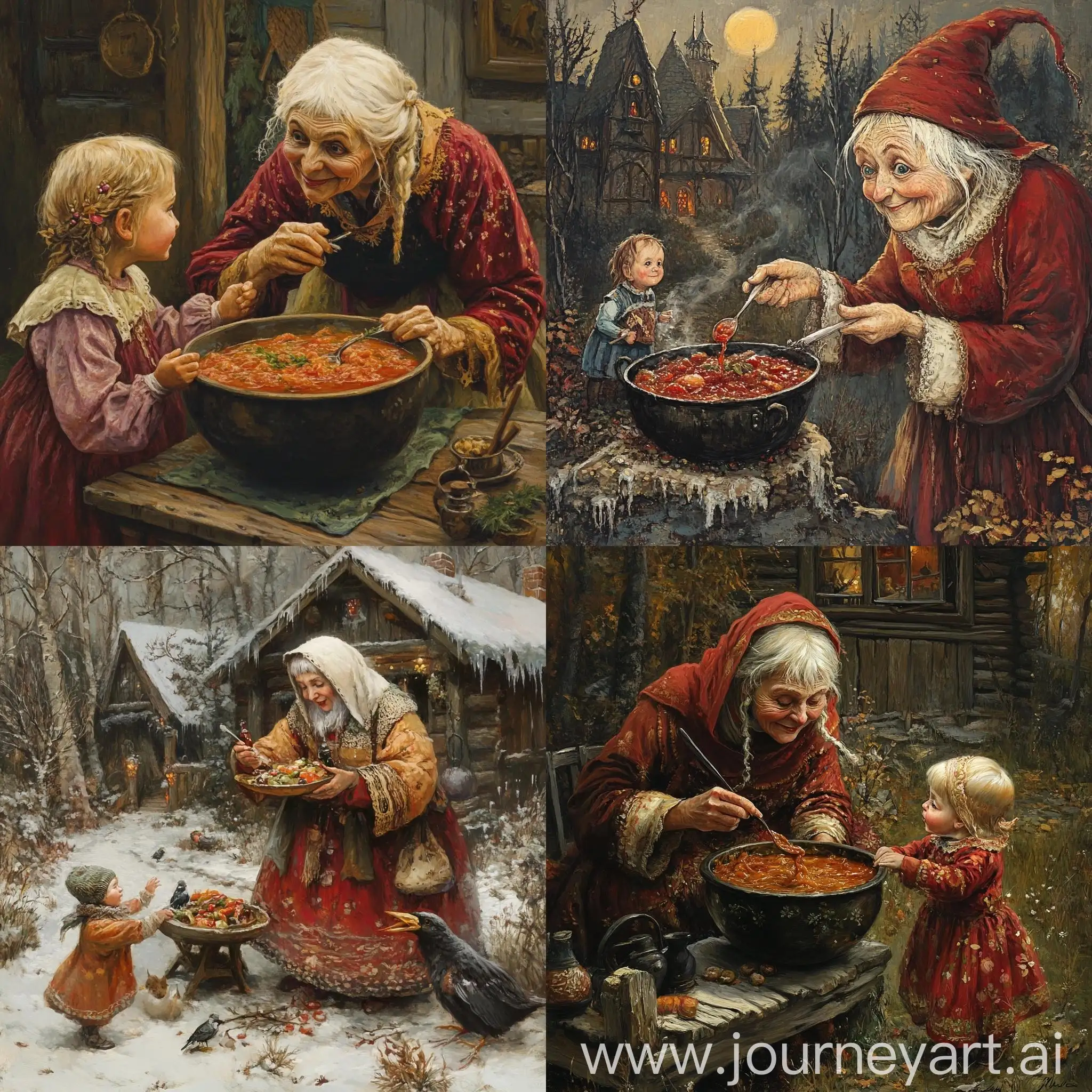 Baba-Yaga-Treating-Children-with-Borscht-in-a-Festive-Russian-Fairy-Tale-Scene